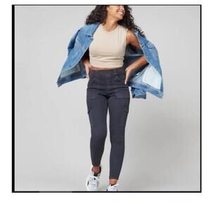 New SPANX Stretch Twill Ankle Cargo Pants Soft Washed Balck High Rise Ankle Sz M